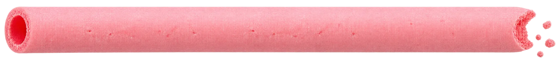 Una cannuccia SORBOS alla fragola, con il foro da una parte e il morso dall'altra