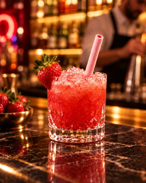 Cocktail alla fragola con cannuccia SORBOS al bancone di un bar